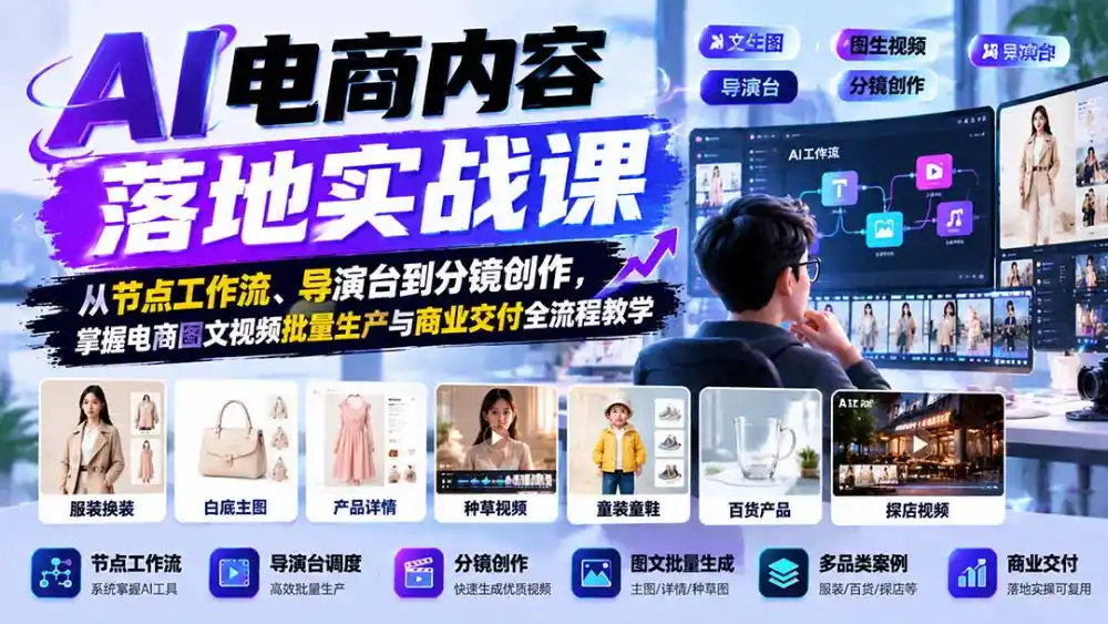 AI电商内容落地实战课：从节点工作流、导演台到分镜创作，掌握电商图文视频批量生产与商业交付全流程教学-百盟网