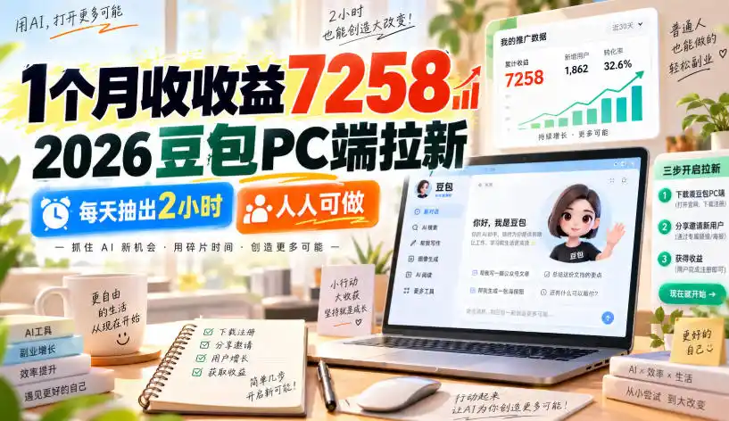 1个月收收益7258，2026豆包PC端拉新，每天抽出2小时，人人可做-百盟网