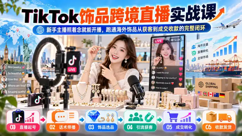 TikTok饰品跨境直播实战课,新手主播照着念就能开播,跑通海外饰品从获客到成交收款的完整闭环 TikTok饰品跨境直播实战课,新手主播照着念就能开播,跑通海外饰品从获客到成交收款的完整闭环