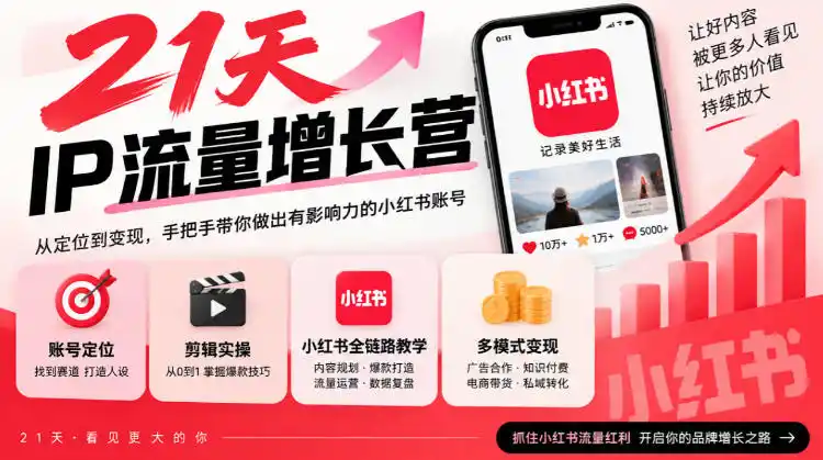 21天IP流量增长营，小红书全链路教学，账号定位剪辑实操，多模式变现系统课-百盟网