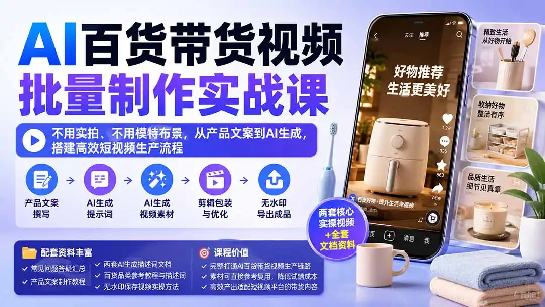 AI百货带货视频批量制作实战课：不用实拍、不用模特布景，从产品文案到AI生成，搭建高效短视频生产流程-百盟网