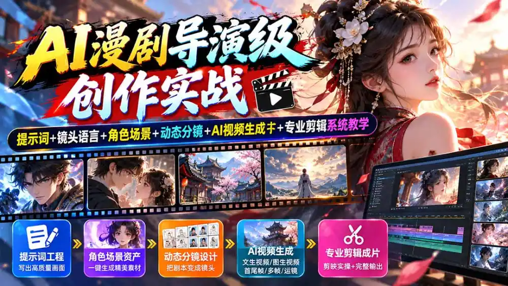 AI漫剧导演级创作实战：提示词+镜头语言+角色场景+动态分镜+AI视频生成+专业剪辑系统教学-百盟网