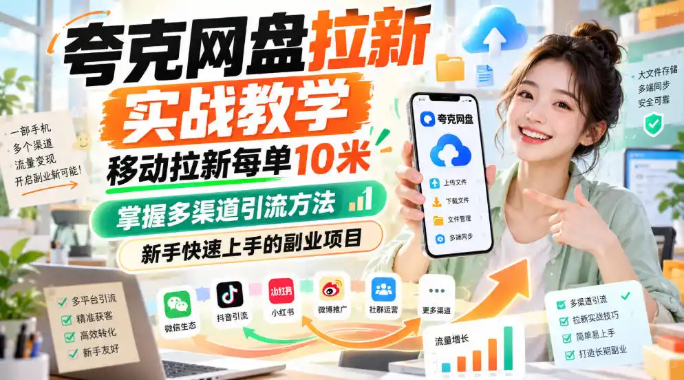 夸克网盘拉新实战教学，移动拉新每单10米，掌握多渠道引流方法，新手快速上手的副业项目-百盟网
