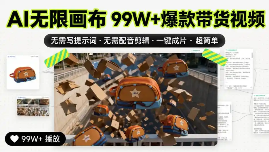 AI无限画布99W+爆款带货视频，无需写提示词·无需配音剪辑·一键成片·超简单-百盟网