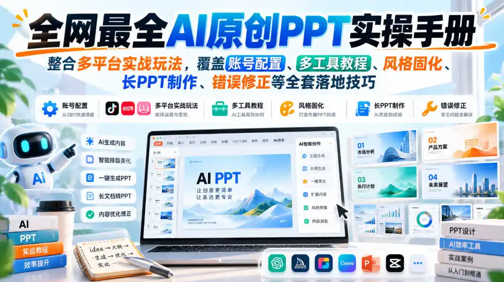 全网最全AI原创PPT实操手册,整合多平台实战玩法,覆盖账号配置、多工具教程、风格固化、长PPT制作、错误修正等全套落地技巧 全网最全AI原创PPT实操手册,整合多平台实战玩法,覆盖账号配置、多工具教程、风格固化、长PPT制作、错误修正等全套落地技巧