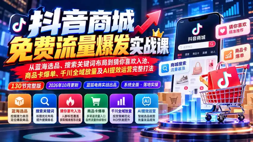 抖店城免费流量爆发实战-更新：蓝海选品、搜索关键词布局到猜你喜欢入池、商品卡爆单、千川全域放量及AI提效完整打法-百盟网