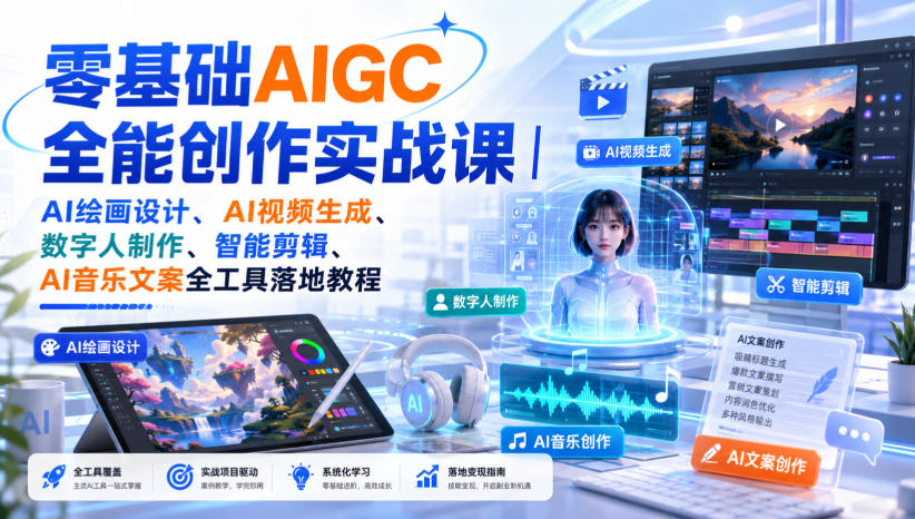 零基础AIGC全能创作实战课｜AI绘画设计、AI视频生成、数字人制作、智能剪辑、AI音乐文案全工具落地教程-百盟网