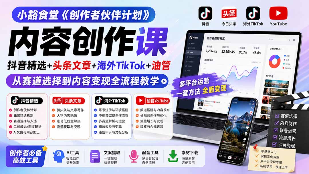 小豁食堂《创作者伙伴计划》内容创作课：抖音精选+头条文章+海外TikTok+油管，从赛道选择到内容变现全流程教学-百盟网