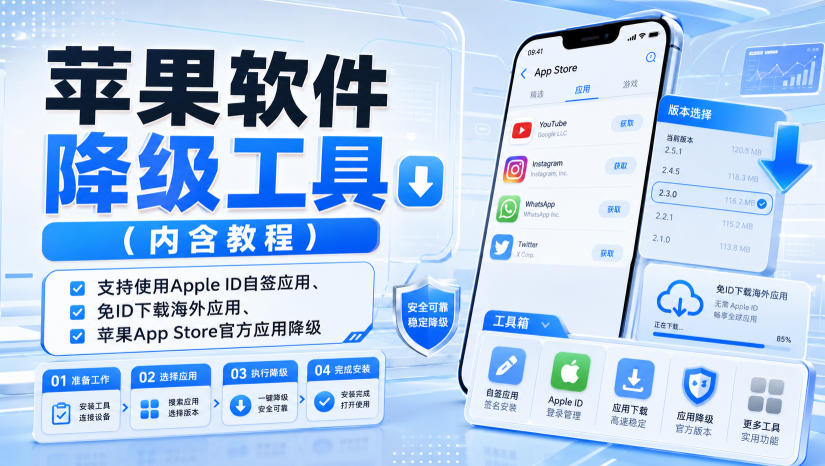 苹果软件降级工具(内含教程)，支持使用Apple ID自签应用、免ID下载海外应用、苹果App Store官方应用降级等-百盟网