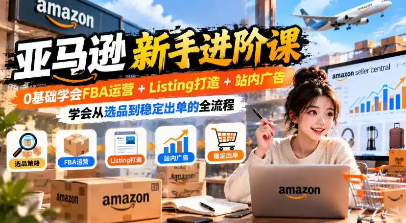亚马逊新手进阶课，0基础学会FBA运营+Listing打造+站内广告，学会从选品到稳定出单的全流程-百盟网