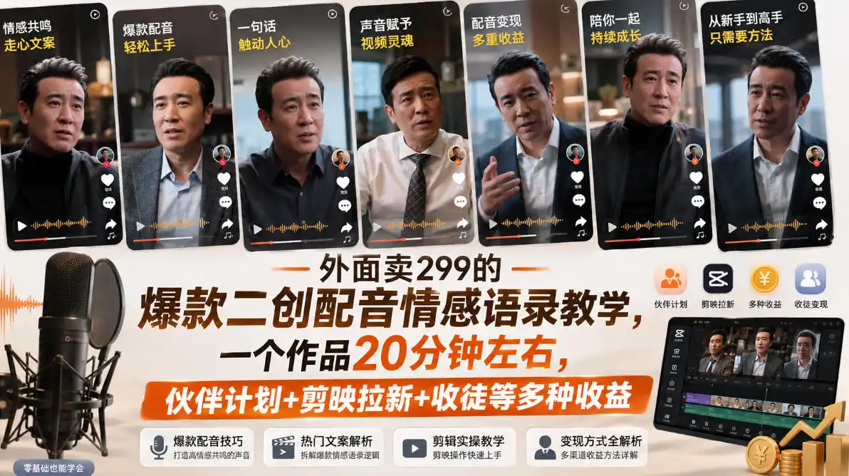 外面卖299的爆款二创配音情感语录教学,一个作品20分钟左右,伙伴计划+剪映拉新+收徒等多种收益 外面卖299的爆款二创配音情感语录教学,一个作品20分钟左右,伙伴计划+剪映拉新+收徒等多种收益