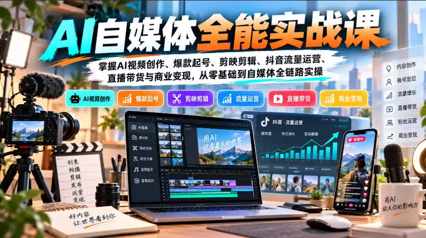 【无水印】AI自媒体全能实战课，掌握AI视频创作、爆款起号、剪映剪辑、抖音流量运营、直播带货与商业变现，从零基础到自媒体全链路实操-百盟网