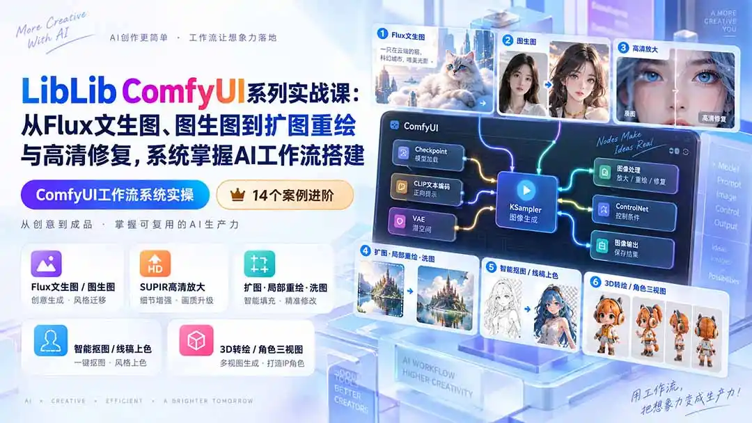 LibLib ComfyUI系列实战课：从Flux文生图、图生图到扩图重绘与高清修复，系统掌握AI工作流搭建-百盟网