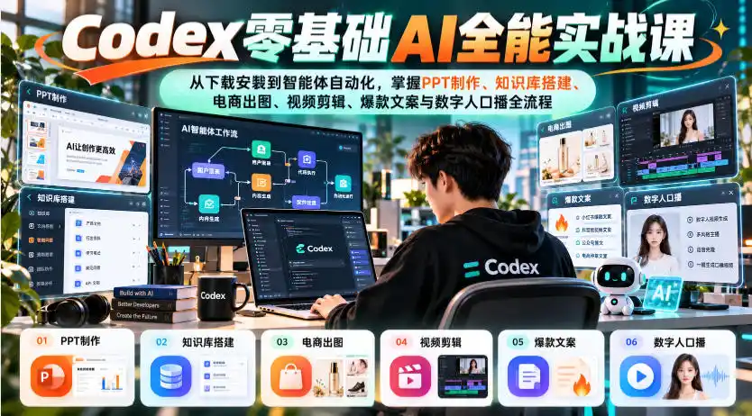 Codex零基础AI全能实战课：从下载安装到智能体自动化，掌握知识库搭建、电商出图、视频剪辑、爆款文案与数字人口播全流程-百盟网