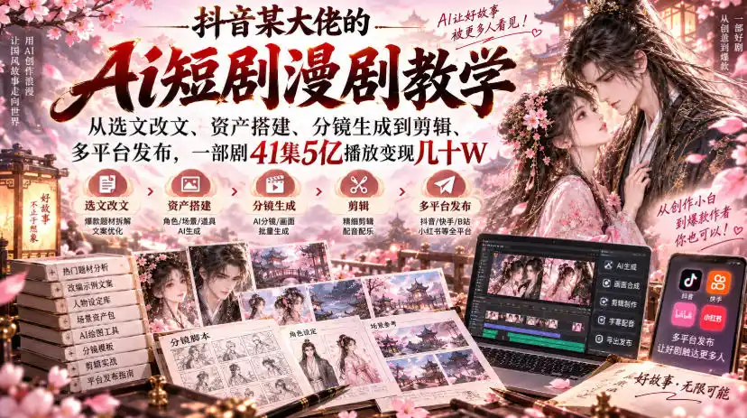 抖音某大佬的Ai短剧漫剧教学，从选文改文、资产搭建、分镜生成到剪辑、多平台发布，一部剧41集5亿播放变现几十W-百盟网
