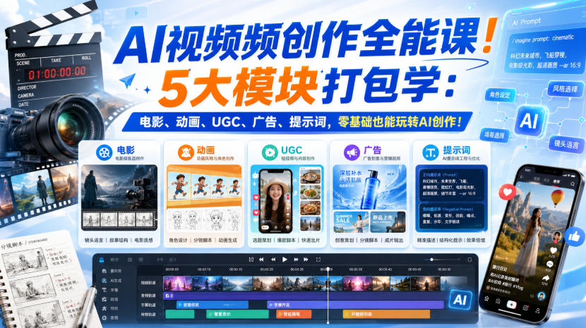 AI视频频创作全能课！5大模块打包学：电影、动画、UGC、广告、提示词，零基础也能玩转AI创作！【原创双语字幕】-百盟网