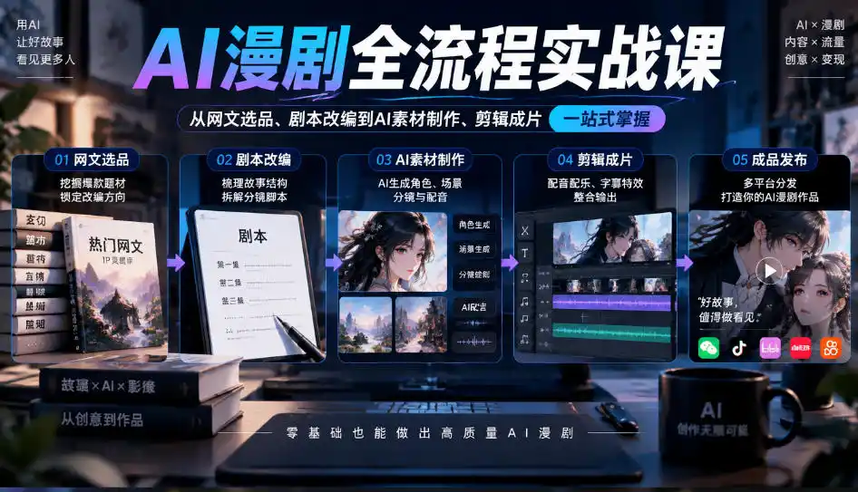 AI漫剧全流程实战课，覆盖从网文选品、剧本改编到AI素材制作、剪辑成片的完整链路-百盟网
