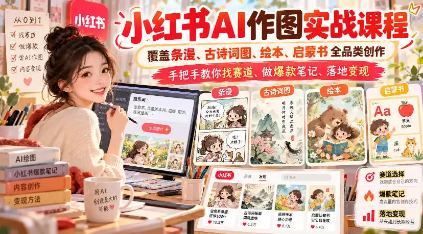 小红书AI作图实战课程，覆盖条漫、古诗词图、绘本、启蒙书全品类创作，手把手教你找赛道、做爆款笔记、落地变现-百盟网