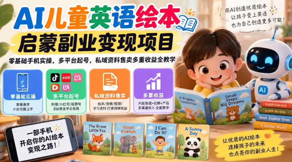 AI儿童英语绘本启蒙副业变现项目，零基础手机实操，多平台起号，私域资料售卖多重收益全教学-百盟网