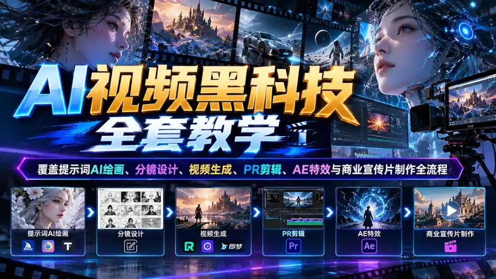 AI视频黑科技全套教学：覆盖提示词AI绘画、分镜设计、视频生成、PR剪辑、AE特效与商业宣传片制作全流程-百盟网