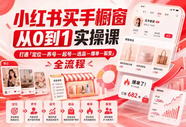 小红书买手橱窗从0到1实操课，打通「定位—养号—起号—选品—爆单—裂变」全流程-百盟网