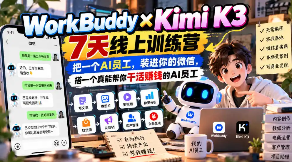 WorkBuddy×Kimi K3 7天线上训练营，把一个AI员工，装进你的微信，搭一个真能帮你干活賺钱的AI员工-百盟网
