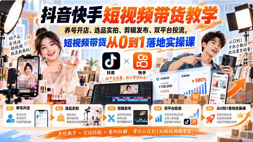 抖音快手短视频带货教学|养号开店、选品实拍、剪辑发布、双平台投流,短视频带货从0到1落地实操课 抖音快手短视频带货教学|养号开店、选品实拍、剪辑发布、双平台投流,短视频带货从0到1落地实操课