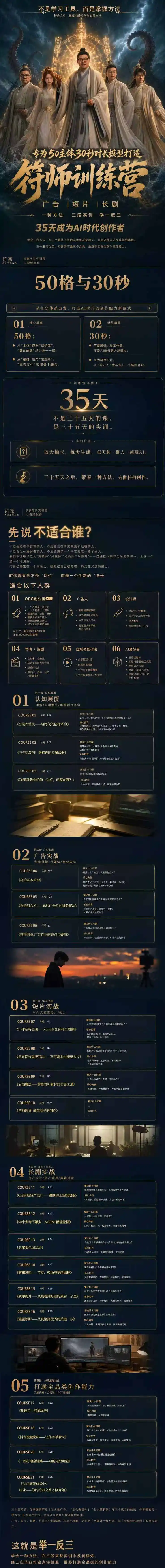 符师训练营-35天成为AI时代创作者，广告+短片+漫剧+智能体四大实战方向，掌握从创意到上线的完整工作流