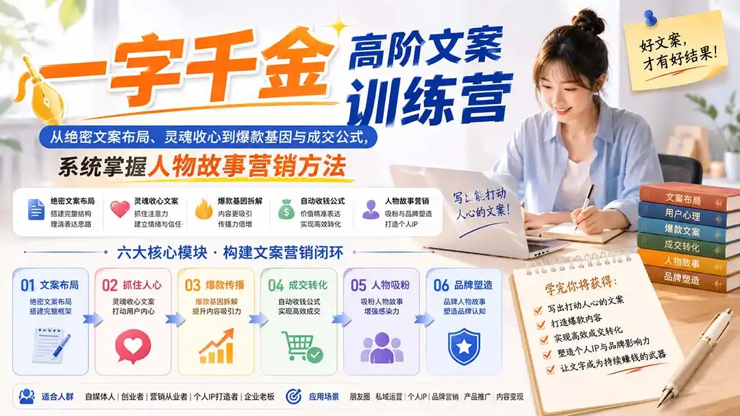 一字千金高阶文案训练营：从绝密文案布局、灵魂收心到爆款基因与成交公式，系统掌握人物故事营销方法-百盟网