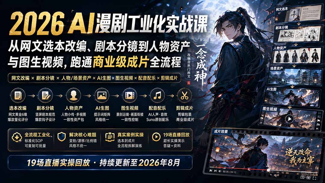 2026 AI漫剧工业化实战课-更新：从网文选本改编、剧本分镜到人物资产与图生视频，跑通商业级成片全流程-百盟网