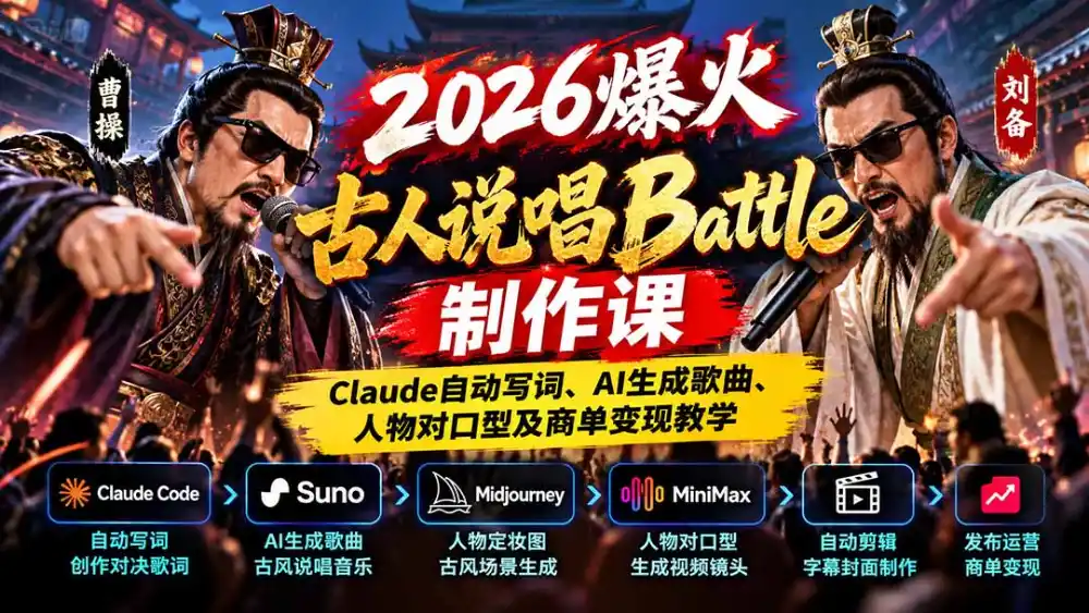 2026爆火古人说唱Battle制作课:Claude自动写词、AI生成歌曲、人物对口型及商单变现教学 2026爆火古人说唱Battle制作课:Claude自动写词、AI生成歌曲、人物对口型及商单变现教学