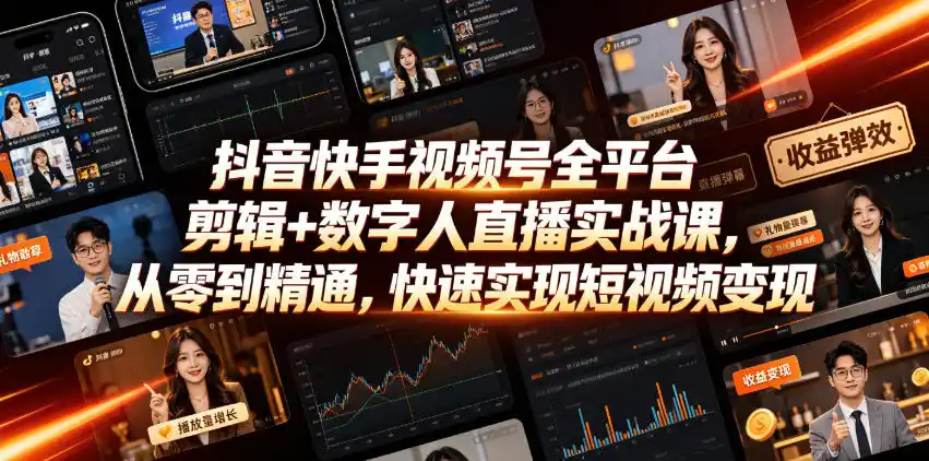 抖音快手视频号全平台剪辑+数字人直播实战课，从零到精通，快速实现短视频变现(更新2026年10月)-百盟网