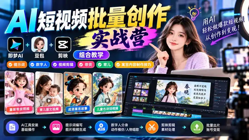 【无水印】AI短视频批量创作实战营：即梦+豆包+剪映组合教学，提示词/数字人/视频剪辑/带货/育儿/寓言内容制作技巧-百盟网