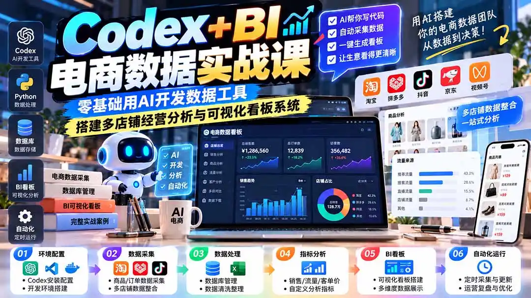 Codex+BI电商数据实战课：零基础用AI开发数据工具，搭建多店铺经营分析与可视化看板系统-百盟网