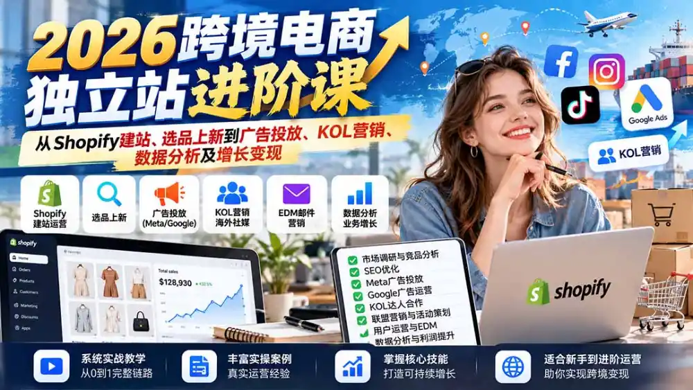 2026跨境电商独立站进阶课：从Shopify建站、选品上新到广告投放、KOL营销、数据分析及增长变现-百盟网