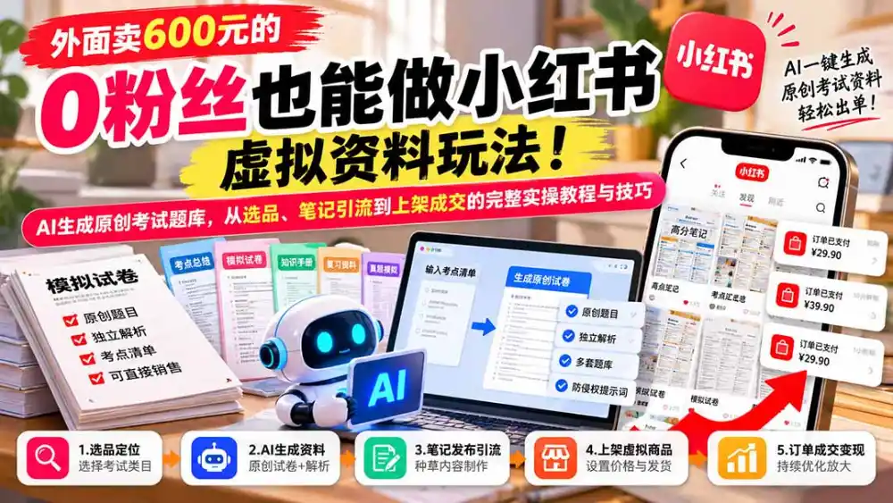外面卖600元的 零粉丝也能做小红书虚拟资料玩法!AI生成原创考试题库,从选品、笔记引流到上架成交的完整实操教程 外面卖600元的 零粉丝也能做小红书虚拟资料玩法!AI生成原创考试题库,从选品、笔记引流到上架成交的完整实操教程