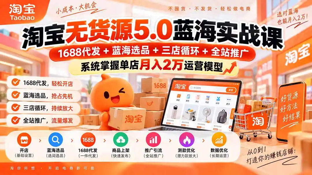 淘宝无货源5.0蓝海实战课-更新：1688代发+蓝海选品+三店循环+全站推广，系统掌握单店月入2万运营模型-百盟网