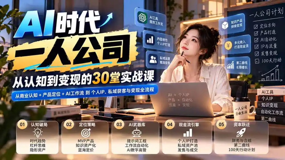【无水印】AI时代一人公司30堂实战课:从商业认知+产品定位+AI工作流到个人IP、私域获客与变现全流程 【无水印】AI时代一人公司30堂实战课:从商业认知+产品定位+AI工作流到个人IP、私域获客与变现全流程