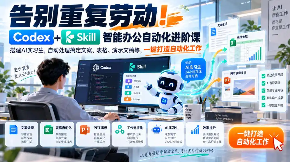 告别重复劳动!Codex+Skill智能办公自动化进阶课|搭建AI实习生,自动处理搞定文案、表格、演示文稿等,一键打造自动化工作 告别重复劳动!Codex+Skill智能办公自动化进阶课|搭建AI实习生,自动处理搞定文案、表格、演示文稿等,一键打造自动化工作