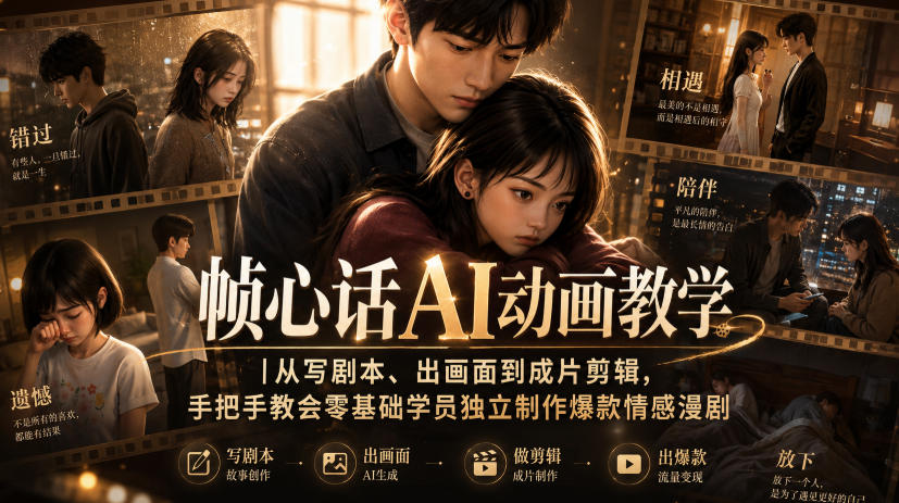 帧心话AI动画教学｜从写剧本、出画面到成片剪辑，手把手教会零基础学员独立制作爆款情感漫剧-百盟网