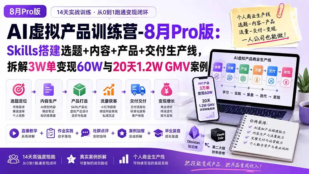 AI虚拟产品训练营PRO版-更新0910:Skills搭建选题+内容+产品+交付生产线,拆解3W单变现60W与20天1.2W GMV案例 AI虚拟产品训练营PRO版-更新0910:Skills搭建选题+内容+产品+交付生产线,拆解3W单变现60W与20天1.2W GMV案例