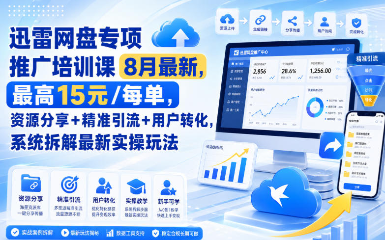 迅雷网盘专项推广培训课8月最新，最高15米/每单，资源分享+精准引流+用户转化，系统拆解最新实操玩法(更新0824)-百盟网