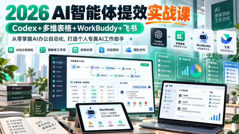 2026 AI智能体提效实战课：Codex+多维表格+WorkBuddy+飞书，从零掌握AI办公自动化，打造个人专属AI工作助手-百盟网