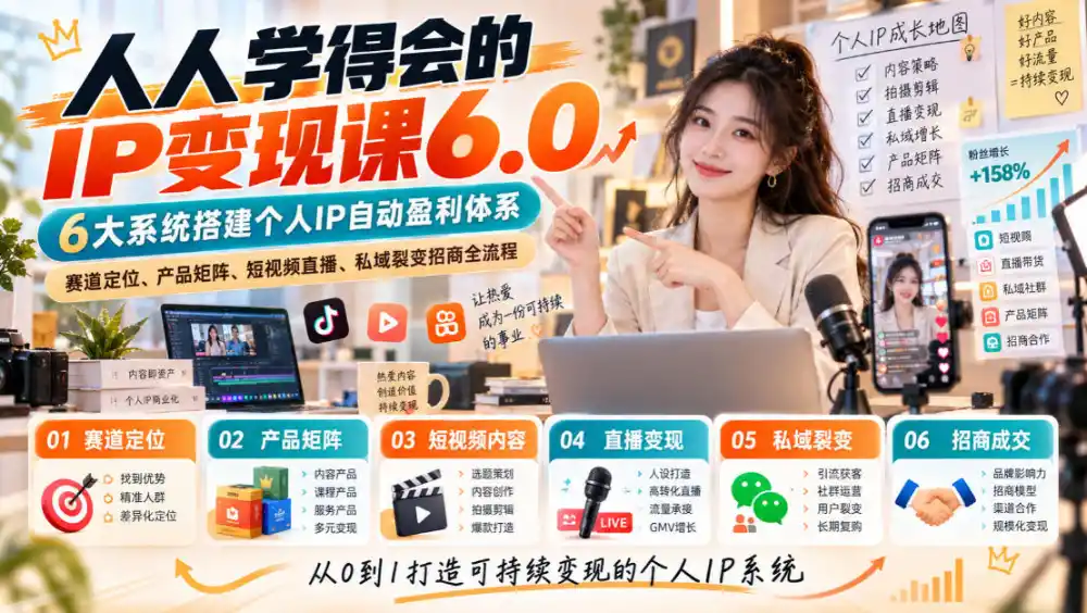 人人学得会的IP变现课6.0，6大系统搭建个人IP自动盈利体系，赛道定位、产品矩阵、短视频直播、私域裂变招商全流程-百盟网