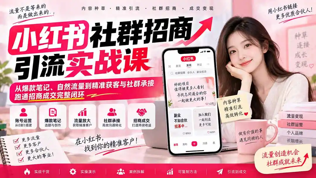 小红书社群招商引流实战课-无水印：从爆款笔记、自然流量到精准获客与社群承接，跑通招商成交完整闭环-百盟网