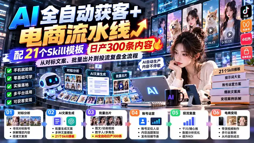 【无水印】AI全自动获客+电商流水线:配21个Skill模板,日产300条内容,从对标文案、批量出片到投流复盘全流程 【无水印】AI全自动获客+电商流水线:配21个Skill模板,日产300条内容,从对标文案、批量出片到投流复盘全流程