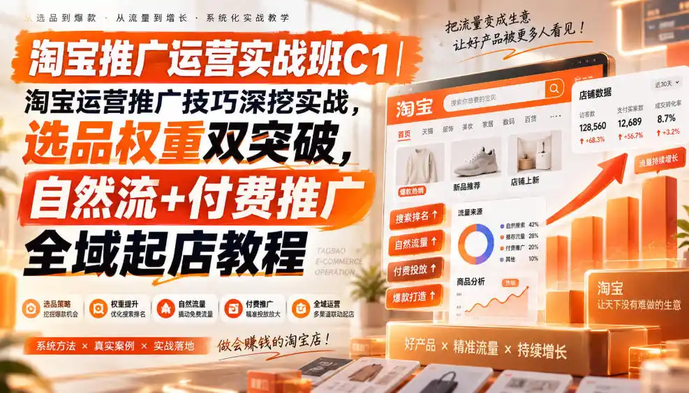 淘宝推广运营实战班C1｜淘宝运营推广技巧深挖实战，选品权重双突破，自然流+付费推广全域起店教程-百盟网