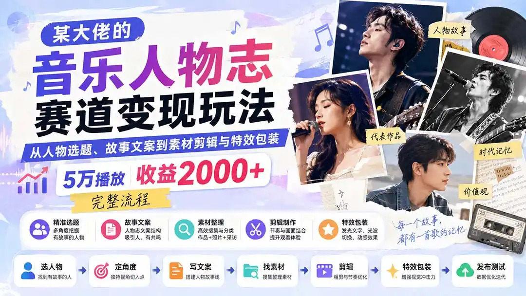 某大佬的音乐人物志赛道变现玩法：从人物选题、故事文案到素材剪辑与特效包装，5万播放收益2000+完整流程-百盟网