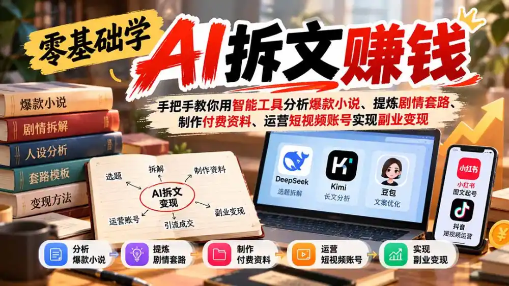 零基础学AI拆文赚钱：手把手教你用智能工具分析爆款小说、提炼剧情套路、制作付费资料、运营短视频账号实现副业变现