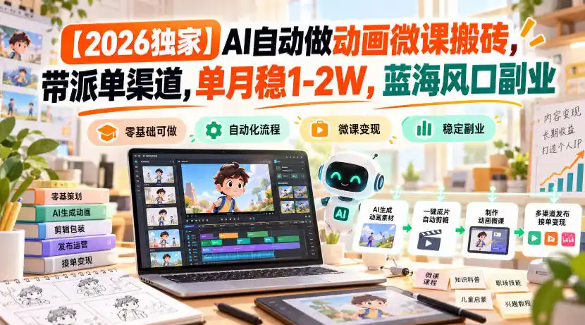 【2026独家】AI自动做动画微课搬砖，带派单渠道，单月稳1-2W，蓝海风口副业【揭秘】-百盟网
